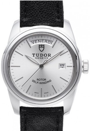 AAA Repliche Tudor Glamour Date Day quadrante argento cinturino in pelle orologio da uomo 56000-5