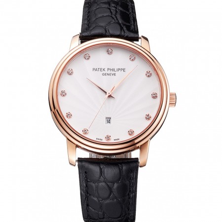 Patek Philippe Calatrava Date quadrante bianco cassa in oro rosa cinturino in pelle nera