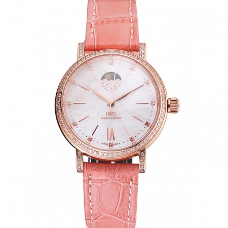 IWC Portofino Moon Phase Silver Dial Cassa in oro rosa Diamanti Lunetta Cinturino in pelle rosa