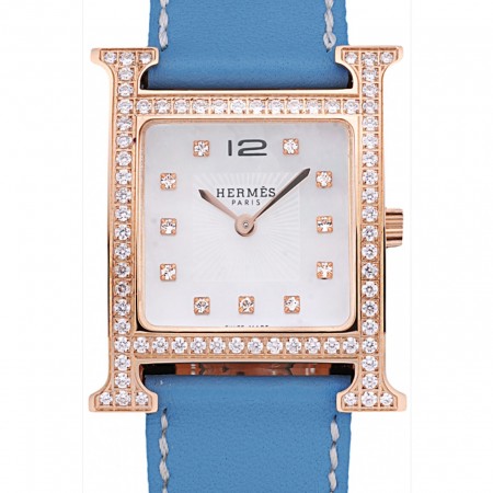 Hermes Heure H Rose Gold Diamond Encrusted Lunetta Cinturino in pelle blu Quadrante bianco 80238