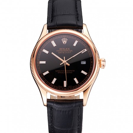 Swiss Rolex Datejust quadrante nero cassa in oro rosa cinturino in pelle nera