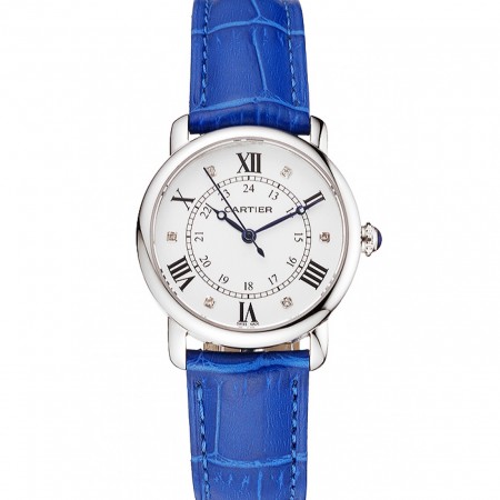 Cartier Ronde quadrante bianco Diamond Hour Marks cassa in acciaio inossidabile cinturino in pelle blu