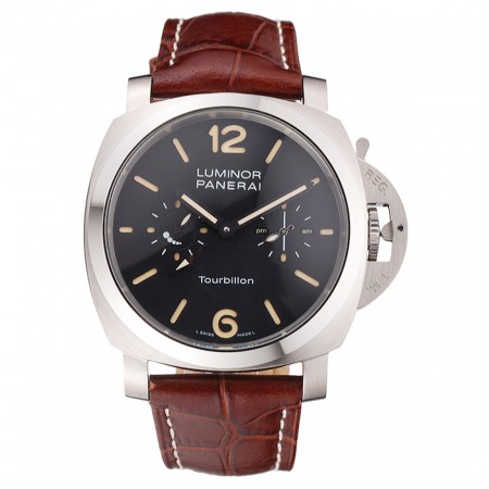 Panerai Luminor 1950 Tourbillon GMT quadrante nero cassa in acciaio inossidabile cinturino in pelle marrone