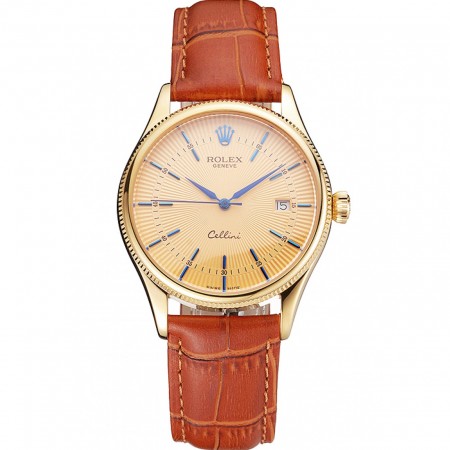 Swiss Rolex Cellini Date Gold Guilloche Dial Cassa in oro Cinturino in pelle marrone chiaro