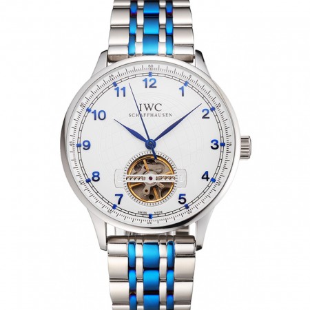 IWC Portugieser Tourbillon quadrante bianco numeri blu Cassa in acciaio inossidabile due numeri in acciaio blu tono