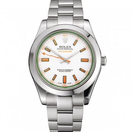 Swiss Rolex Milgauss quadrante bianco con marcature arancioni cassa e bracciale in acciaio inossidabile