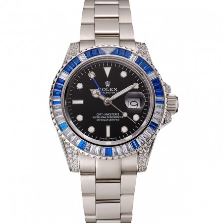 Swiss Rolex GMT Master II - Quadrante Nero - Lunetta con Pietre - Cassa e Bracciale in Acciaio Inossidabile - 1453747