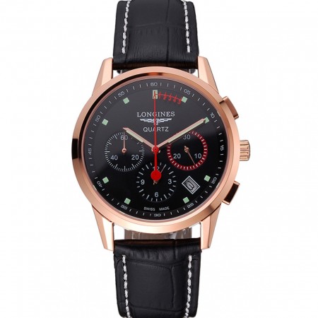 Longines ruota a colonne quadrante nero cassa in oro cinturino in pelle nera