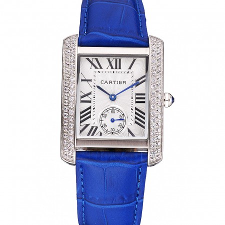 Cartier Tank MC cassa in acciaio inossidabile con diamanti quadrante bianco cinturino in pelle blu 622172