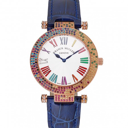 Franck Muller Double Mistery 4 Saisons quadrante bianco cassa in oro rosa cinturino in pelle blu