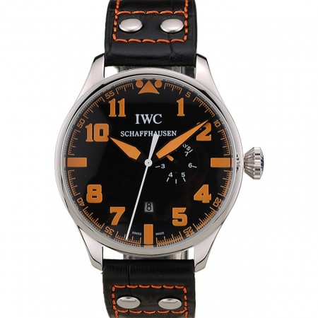 Bracciale IWC Big Pilot 45 mm in pelle nera con quadrante nero e arancione