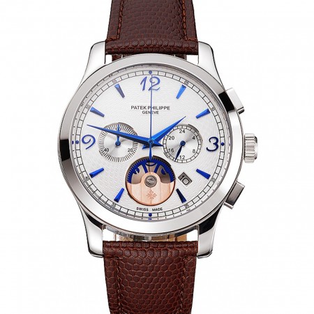 Cronografo Patek Philippe quadrante guilloché bianco lancette blu cassa in acciaio inossidabile cinturino in pelle marrone