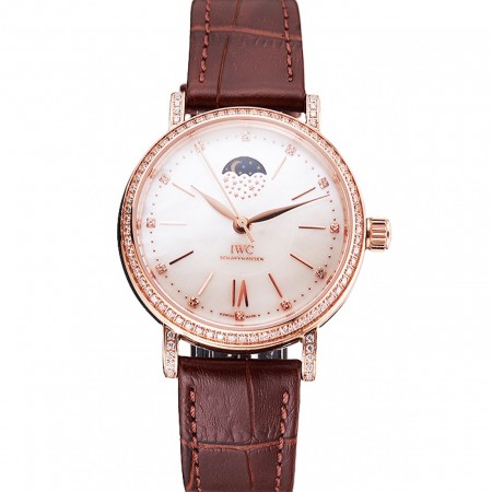 IWC Portofino Moon Phase Silver Dial Cassa in oro rosa Diamanti Lunetta Cinturino in pelle marrone