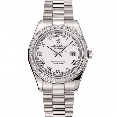 Swiss Rolex Day-Date quadrante bianco cassa del diamante Bracciale in acciaio inossidabile 1453967