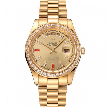 Swiss Rolex Day-Date diamanti e rubini quadrante champagne bracciale in oro 1454100