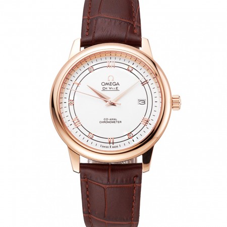 Omega De Ville Prestige quadrante bianco cassa in oro rosa cinturino in pelle marrone