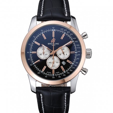 Breitling Transocean Quadrante Nero Cinturino in Pelle Nera Lunetta in Oro Rosa-98203