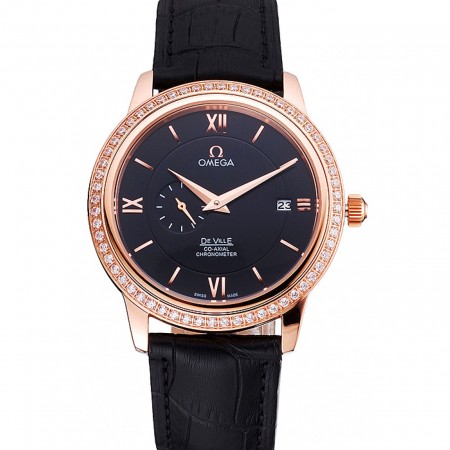 Omega De Ville Prestige Co-Axial quadrante nero cassa in oro rosa con diamanti cinturino in pelle nera numeri romani