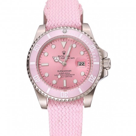 Rolex Submariner quadrante rosa cinturino in tessuto rosa lunetta rosa 1453866