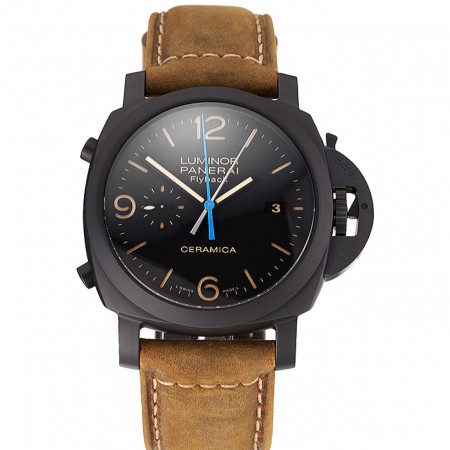 Swiss Panerai Luminor Ceramica Flyback cronografo quadrante nero cassa nera cinturino in pelle marrone