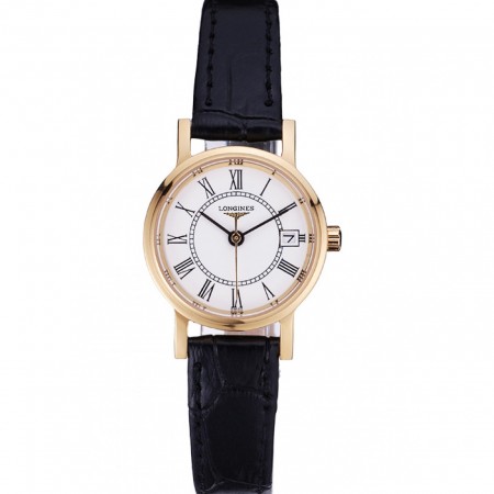 Longines La Grande Classique quadrante rotondo bianco cassa in oro cinturino in pelle nera piccolo 622383