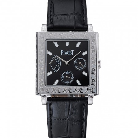 Piaget Emperador Limited Edition quadrante nero inciso cassa d'argento Bracciale in pelle nera 1454136
