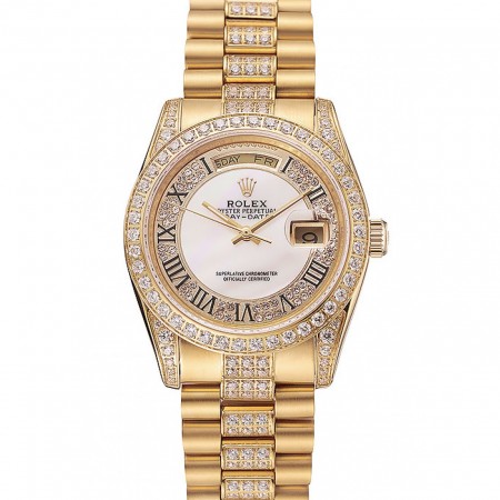 Swiss Rolex Day-Date Diamond Pavé White Dial Gold Diamond Bracelet 1453958