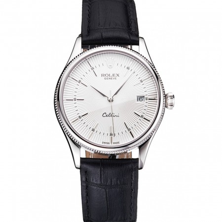 Swiss Rolex Cellini Date quadrante bianco cassa in acciaio inossidabile cinturino in pelle nera