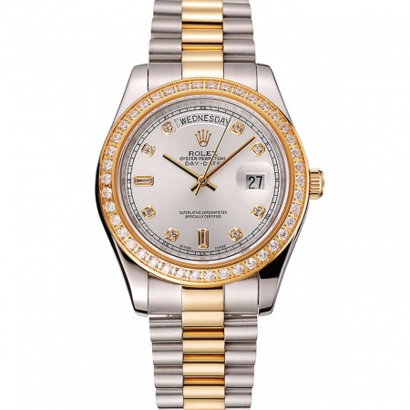 Swiss Rolex Day-Date quadrante bianco cassa in oro con diamanti Bracciale in acciaio inossidabile bicolore 1453972