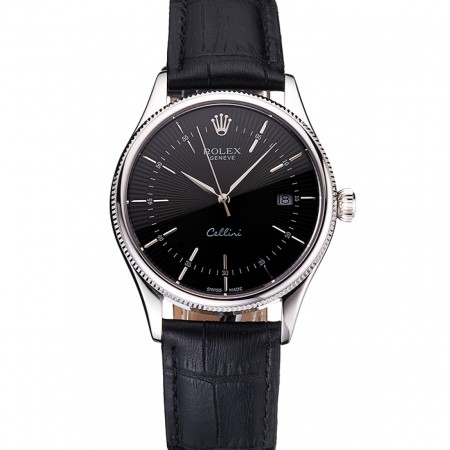 Swiss Rolex Cellini Date quadrante nero cassa in acciaio inossidabile cinturino in pelle nera