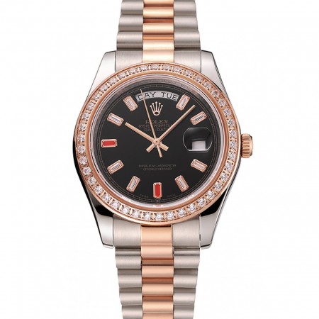 Swiss Rolex Day-Date Diamanti Rubini Quadrante Nero Bracciale in Acciaio Inossidabile e Oro Rosa 1454106