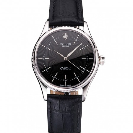 Svizzero Rolex Cellini quadrante nero cassa in acciaio cinturino in pelle nera