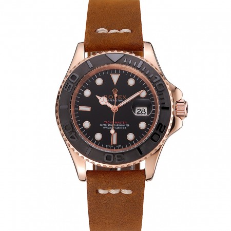 Rolex Yacht Master quadrante nero cassa in oro rosa bracciale in pelle marrone 1453861