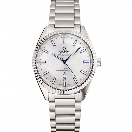 Omega Globemaster quadrante argento lancette blu cassa e bracciale in acciaio inossidabile