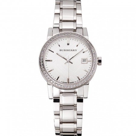 Burberry The City Quadrante Bianco Lunetta con Diamanti Cassa e Bracciale in Acciaio Inossidabile