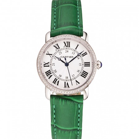 Cartier Ronde quadrante bianco diamante lunetta cassa in acciaio inossidabile cinturino in pelle verde
