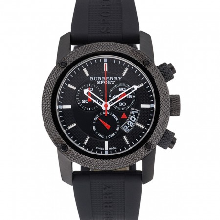 Cronografo rotondo Burberry Sport Athlete con cassa nera Bracciale in gomma nera a tre occhielli 622619