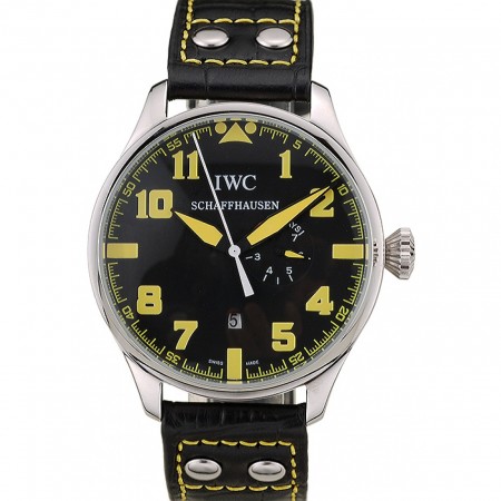 Bracciale IWC Big Pilot 45 mm in pelle nera con quadrante nero e giallo