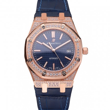 Swiss Audemars Piguet Royal Oak quadrante blu cassa in oro con diamanti cinturino in pelle blu