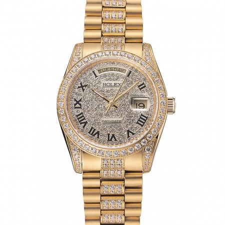 Swiss Rolex Day-Date Diamond Pavé Dial Gold Diamond Bracelet 1453956