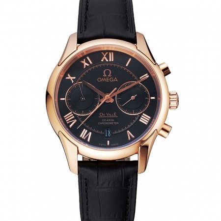 Omega DeVille lunetta in oro rosa con quadrante nero e cinturino in pelle nera 621569