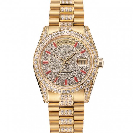 Swiss Rolex Day-Date Red Diamond Pave Dial Bracciale in oro con diamanti 1453960