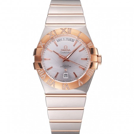 Swiss Omega Constellation quadrante bianco cassa in acciaio inossidabile lunetta in oro rosa bracciale bicolore