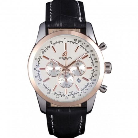 Breitling Transocean Quadrante Bianco Cinturino in Pelle Nera Lunetta in Oro Rosa-98205