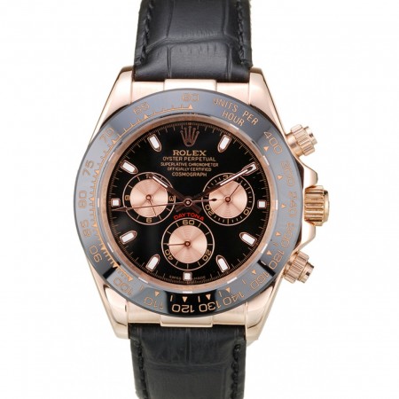 Rolex Daytona cassa in oro rosa quadrante nero cinturino in pelle nera
