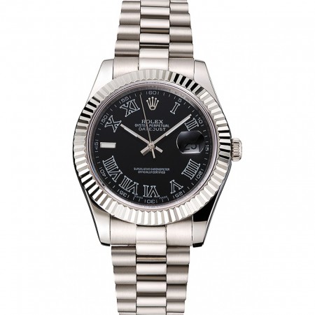 Swiss Rolex Datejust quadrante nero con numeri romani cassa e bracciale in acciaio inossidabile