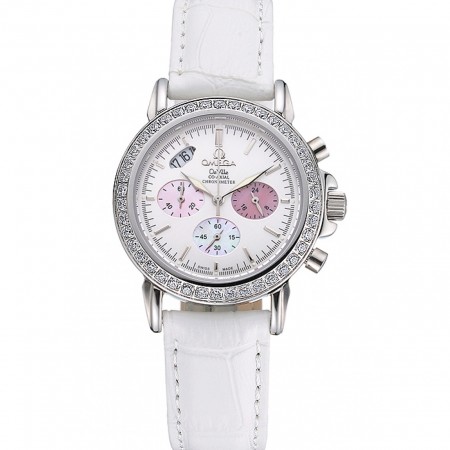 Cronografo Omega De Ville Quadrante bianco Cassa in acciaio inossidabile con diamanti Bracciale in pelle bianca 622453