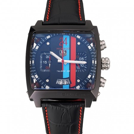 Tag Heuer Monaco Calibre 36 Quadrante blu e rosso Quadrante a strisce Cinturino in pelle nera 622272