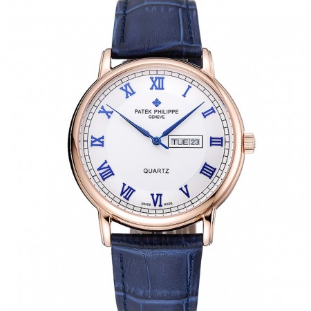 Patek Philippe Calatrava quadrante bianco blu numeri romani cassa in oro bracciale in pelle blu 1454056