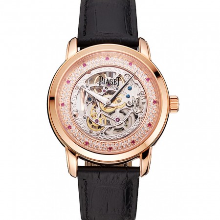 Quadrante scheletrato svizzero Piaget Altiplano con cassa in oro rosa e diamanti Cinturino in pelle nera